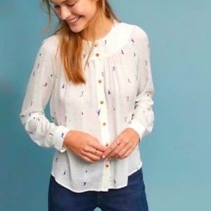 Anthropologie White Button Down Shirt with Multicolor Accents